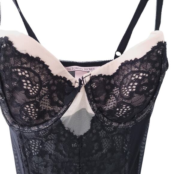 Victoria's Secret Black Lace Corset 36B Underwire, Semisheer, Side Zipper - Picture 2 of 3
